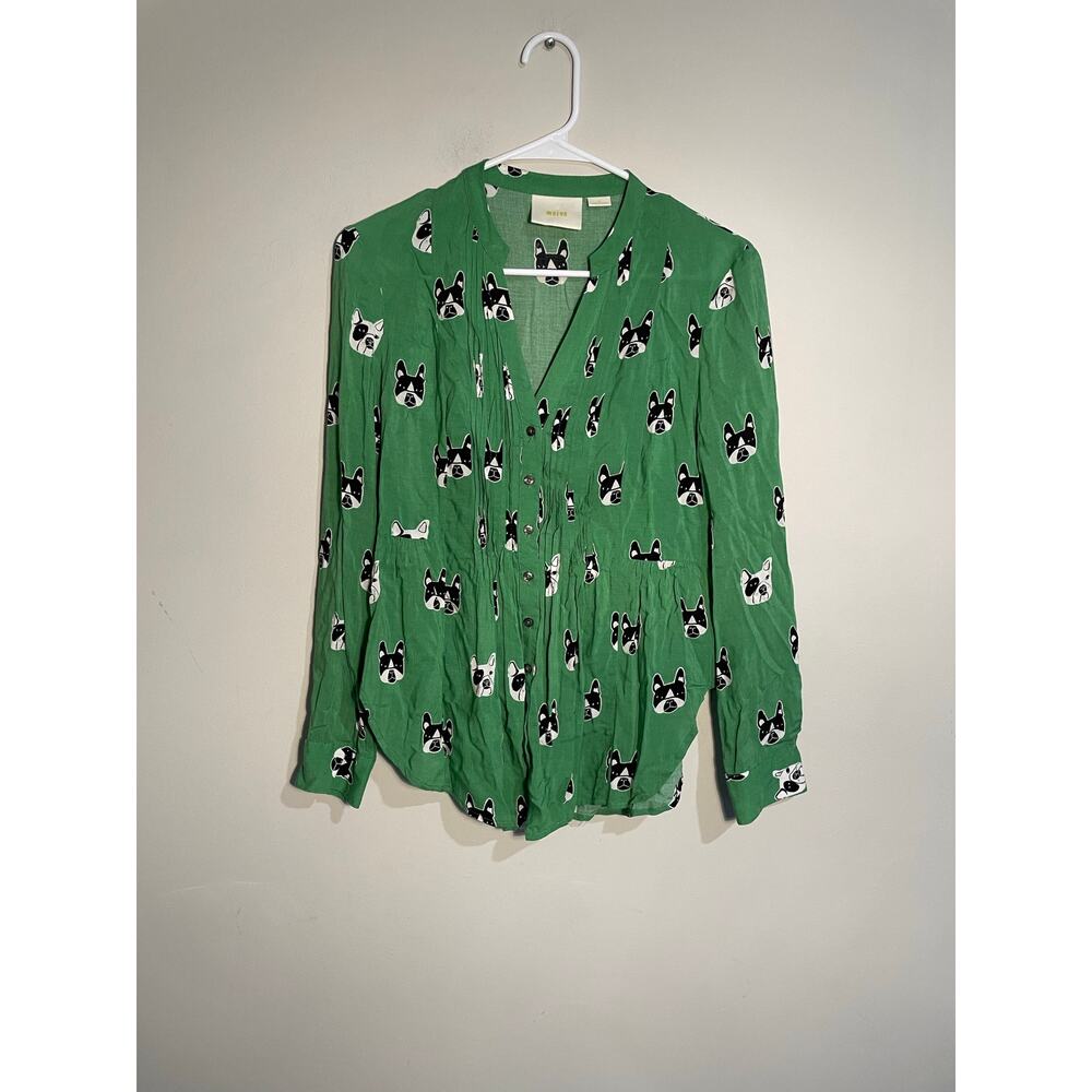 Anthropologie Maeve Green French Bulldog Pintuck Blouse Size 2‎